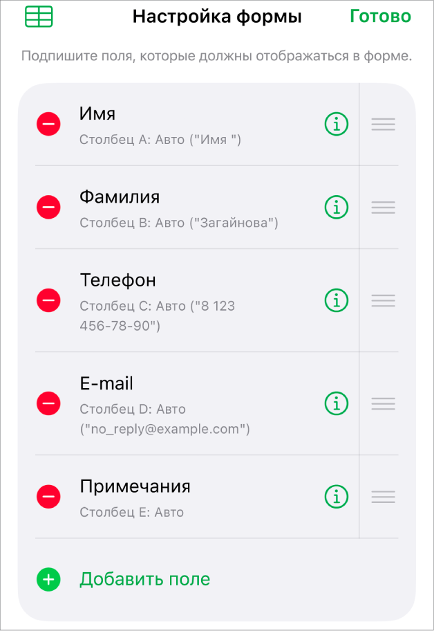 Элементы управления настройки формы. Показаны параметры для добавления, редактирования, изменения порядка и удаления полей, а также для изменения формата полей (например, из «Текст» в «Проценты»).