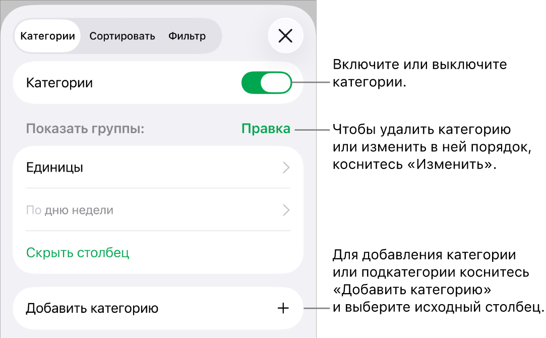 Меню категорий для iPhone, в котором можно выключить категории, удалить категории, перегруппировать данные, скрыть исходный столбец и добавить категории.