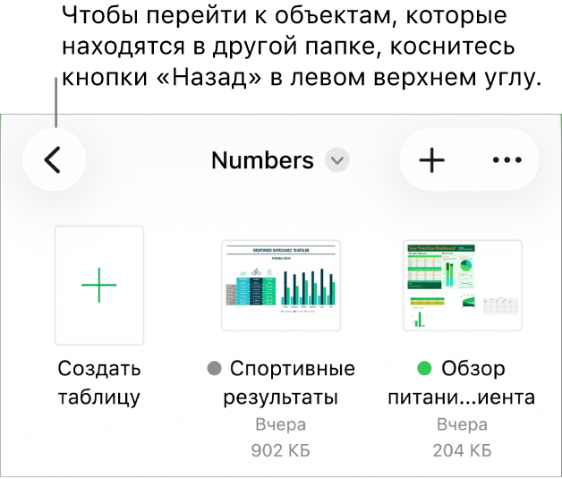 Режим просмотра в менеджере документов. В левом верхнем углу отображается ссылка на местоположение, под ней находится поле поиска. В правом верхнем углу находятся кнопки «Добавить таблицу» и «Еще». Внизу экрана находятся: кнопка «Недавние» и кнопка «Обзор».