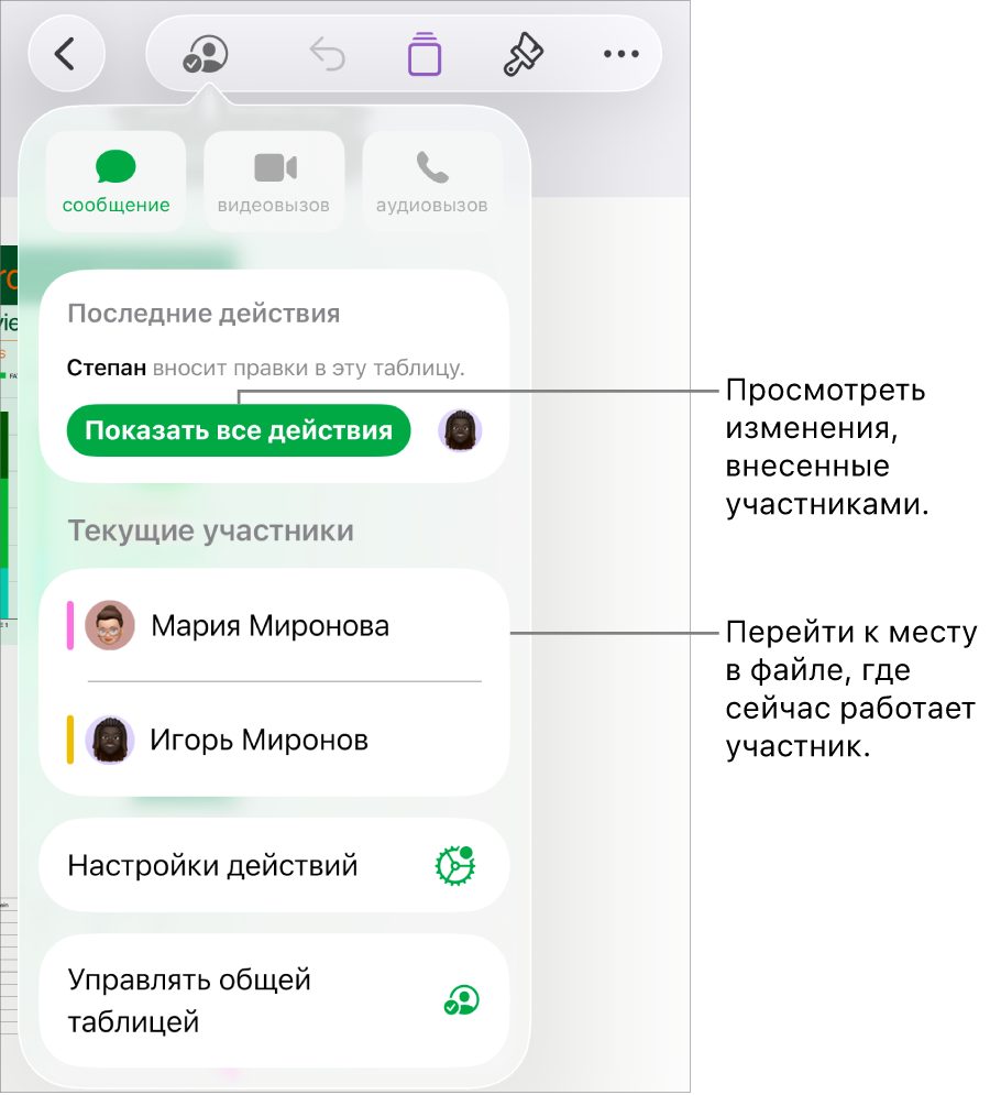 В меню совместной работы показаны активные участники.