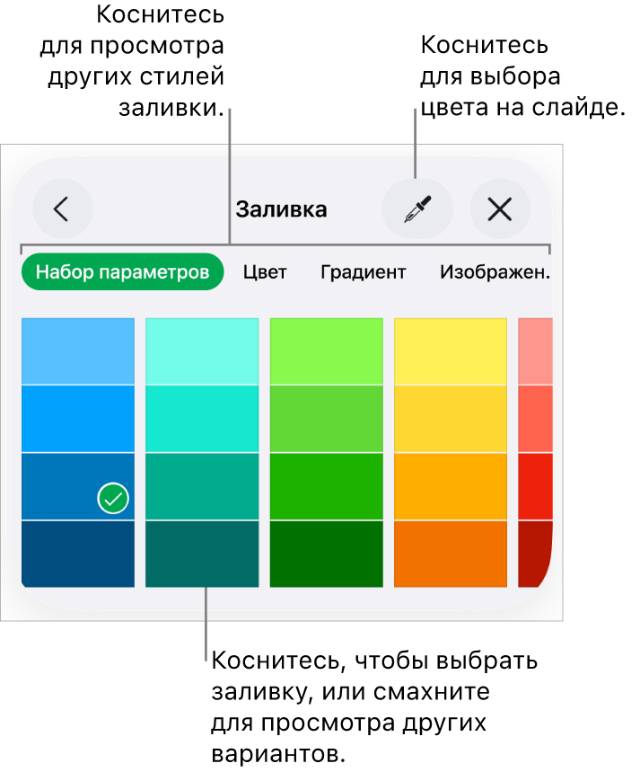 Варианты заливки во вкладке «Стиль», вызываемой кнопкой «Формат».