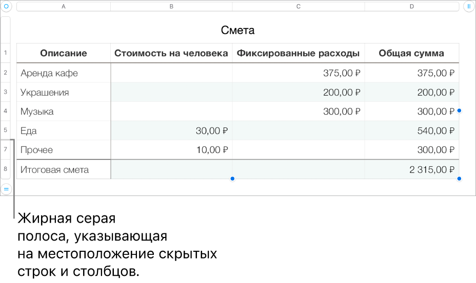 Толстая серая полоса, которая указывает на местоположение скрытых строк и столбцов