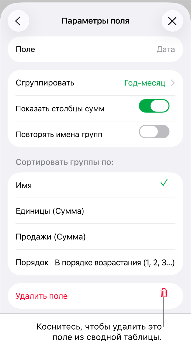 Меню параметров поля, отображающее элементы управления для группировки и сортировки данных, а также для удаления поля.