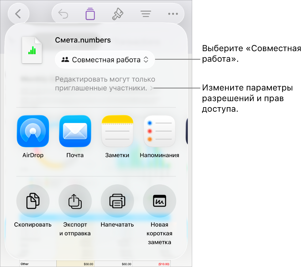 В верхней части экрана отображается меню «Поделиться». Выбран параметр «Совместная работа», под ним находятся настройки прав доступа.