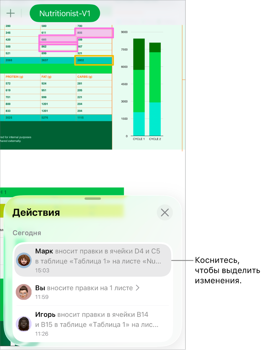 В общей таблице открыты меню совместной работы и лента активности.