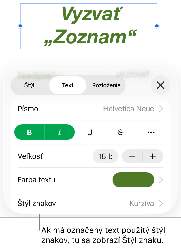 Ovládacie prvky Text s položkou Štýl znakov pod ovládacími prvkami Farba. Štýl znakov Žiadne sa zobrazuje s hviezdičkou.