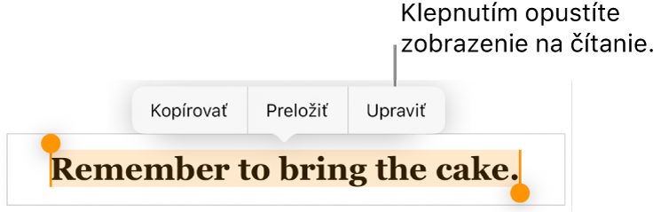 Je označená veta a nad ňou sa zobrazí kontextové menu s tlačidlami Kopírovať a Upraviť.
