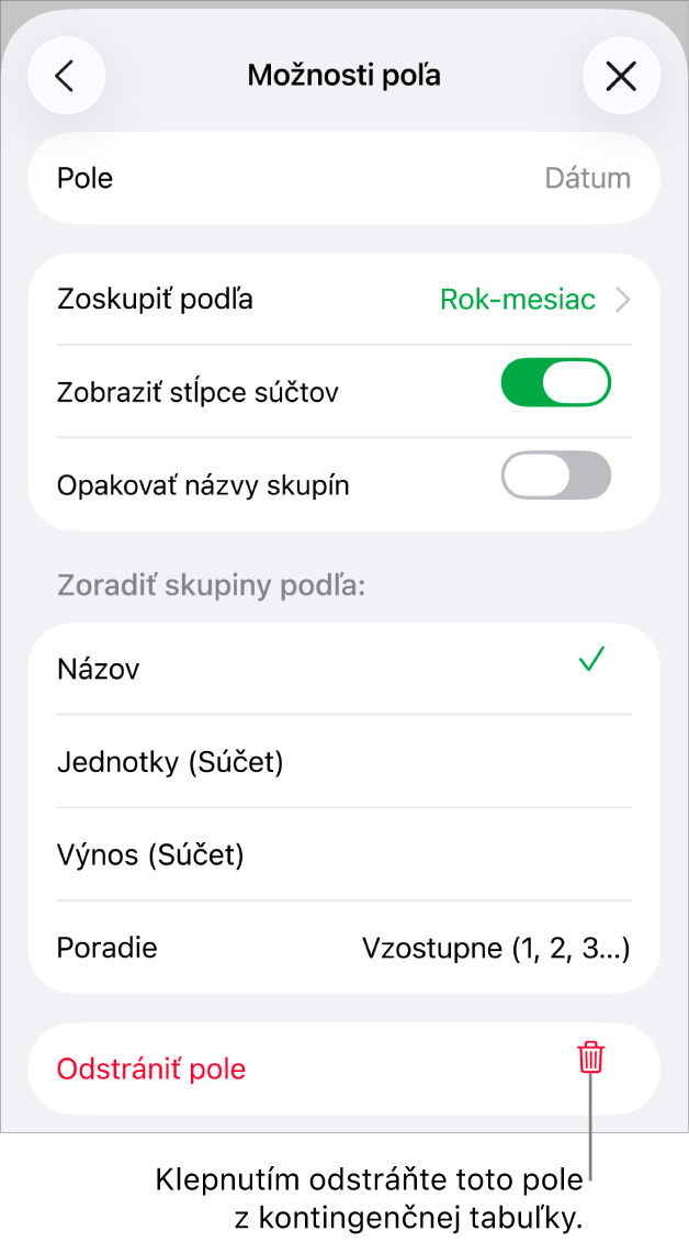 Menu Možnosti poľa zobrazujúce ovládacie prvky na zoskupenie a zoradenie dát, ako aj možnosť na odstránenie poľa.