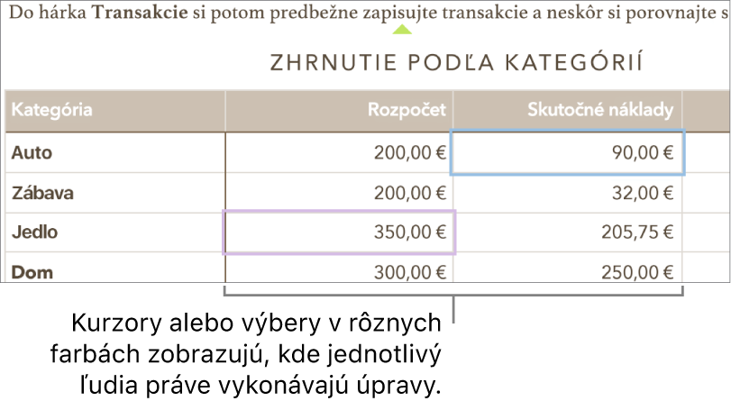 Kurzory alebo výbery v rôznych farbách zobrazujú, kde rôzni ľudia robia úpravy.