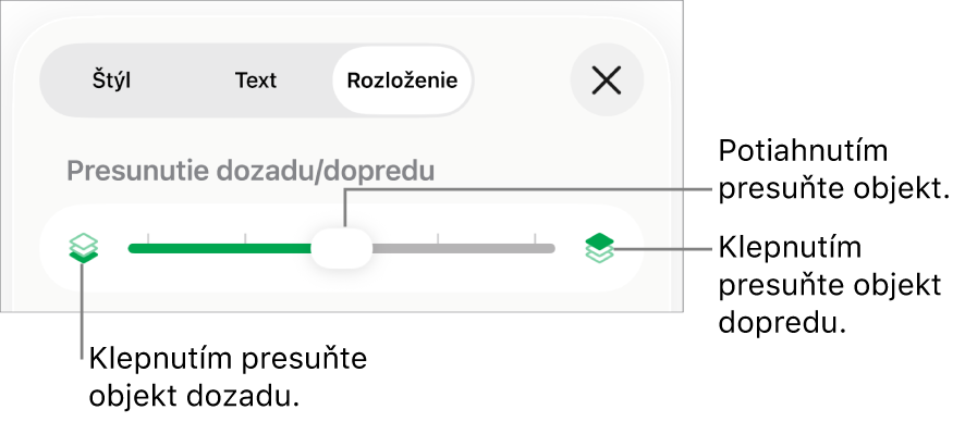 Tlačidlo Presunúť dozadu, tlačidlo Presunúť dopredu a posuvník vrstiev.