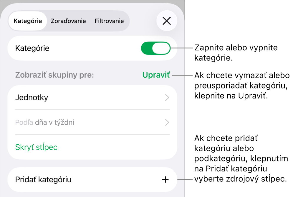Menu Kategórie pre iPhone s možnosťami vypnutia kategórií, vymazania kategórií, zmeny zoskupenia dát, skrytia zdrojového stĺpca a pridania kategórií.