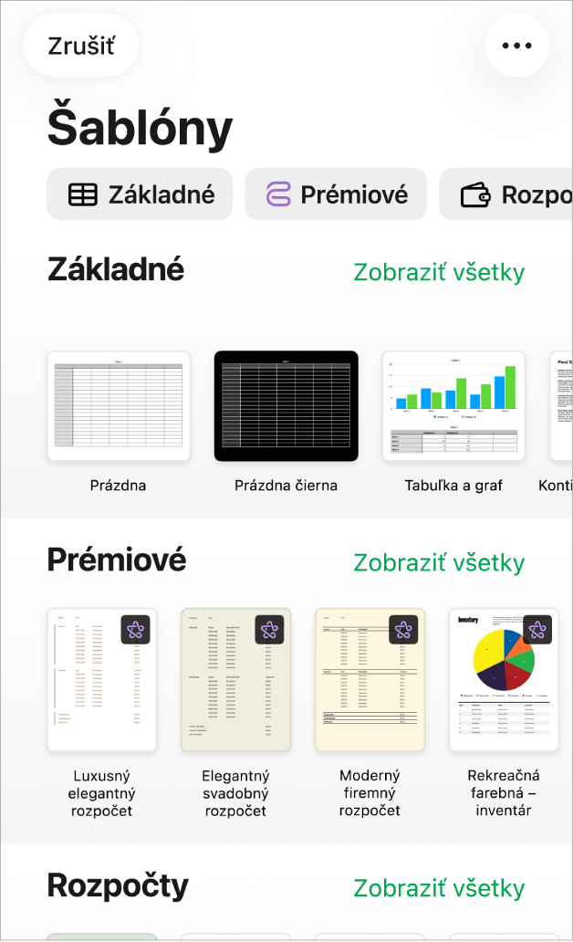 Výber šablón zobrazujúci v hornej časti riadok kategórií, na ktoré môžete klepnúť a filtrovať tak možnosti. Nižšie sa nachádzajú miniatúry preddefinovaných šablón usporiadaných do riadkov podľa kategórií.