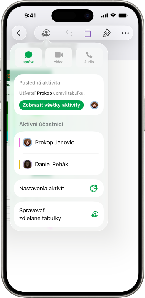 Menu spolupráce obsahujúce mená ľudí spolupracujúcich na tabuľke.