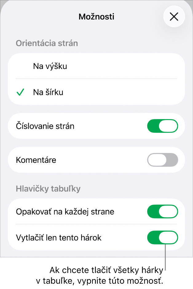Možnosti tlače na výber orientácie strany, zobrazenie čísel strán a hlavičiek a na výber veľkosti papiera a strán na tlač.