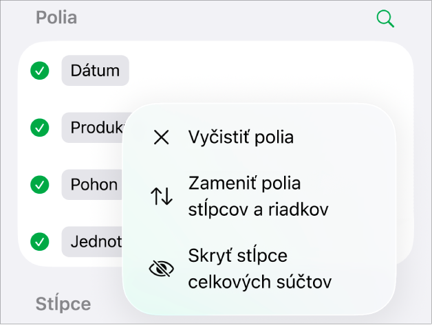 Menu Ďalšie možnosti poľa zobrazujúce ovládacie prvky na skrytie celkových súčtov, zámenu stĺpcových a riadkových polí a vymazanie polí.