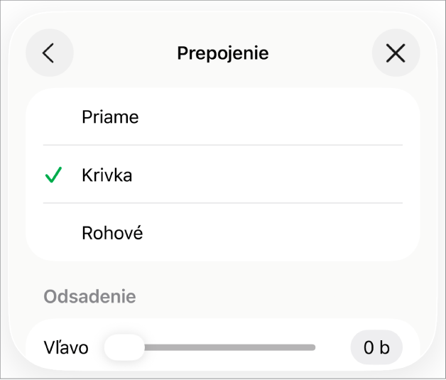 Ovládacie prvky Spojenie s vybranou možnosťou Krivka.