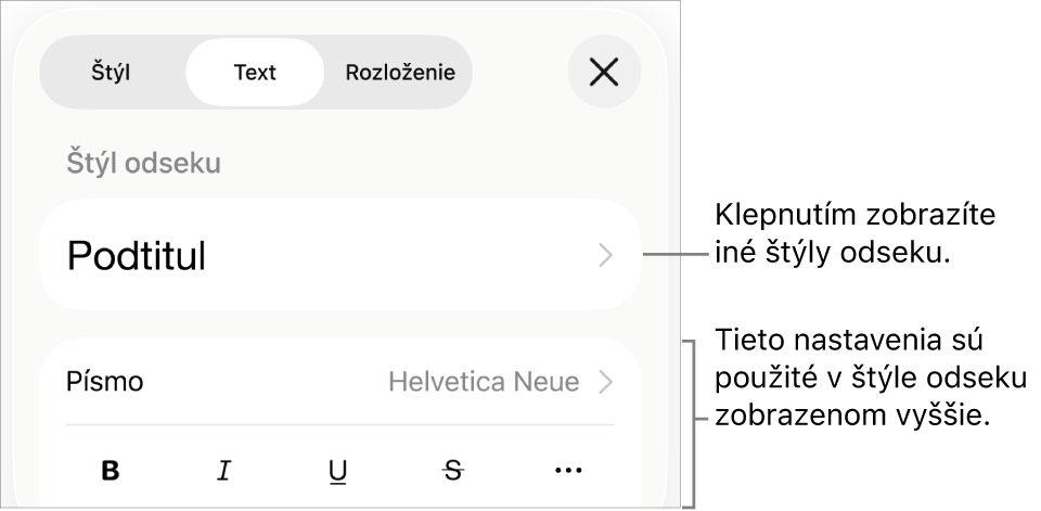 Menu Formát zobrazujúce ovládacie prvky pre nastavenie štýlov odseku a znakov, písma, veľkosti a farby.