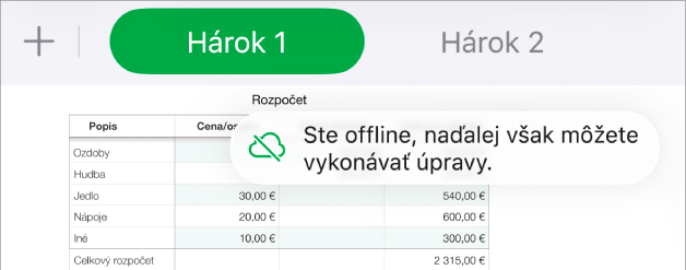 Tlačidlá v hornej časti obrazovky s tlačidlom Spolupráca zmeneným na obláčik s diagonálnou čiarou. Upozornenie na obrazovke s oznámením Ste offline, ale naďalej môžete upravovať.