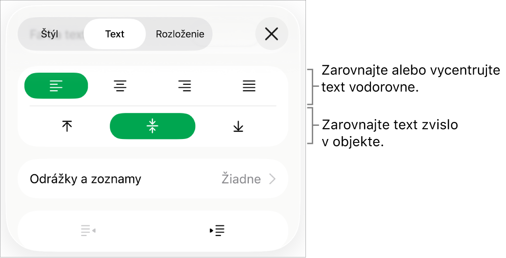 Časť Rozmiestnenie v inšpektorovi formátov s bublinami popisujúcimi tlačidlá zarovnania textu a tlačidlá na nastavenie medzier.