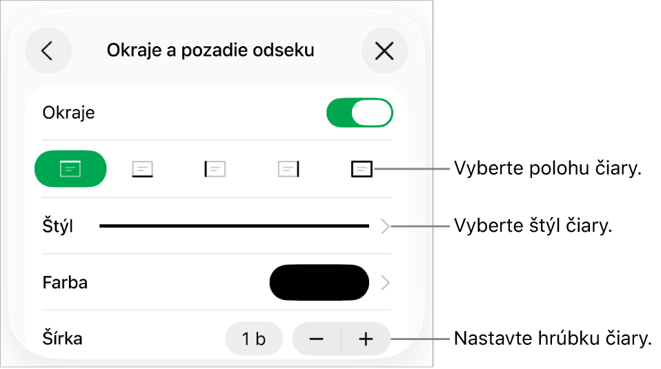 Ovládacie prvky na zmenu štýlu, hrúbky, polohy a farby čiary.