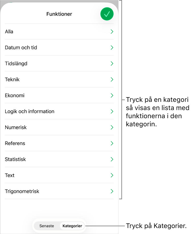Funktionsbläddraren med knappen Kategorier markerad och listan över kategorier nedanför.