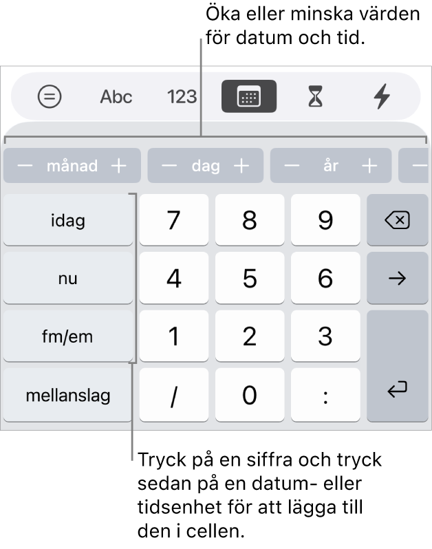Tangentbordet för datum och tid. En rad med knappar överst visar tidsenheter (månad, dag och år) och du kan använda dem till att stegvis öka eller minska det värde som visas i cellen. Det finns tangenter till vänster för idag, nu och fm/em samt siffertangenter i mitten av tangentbordet.