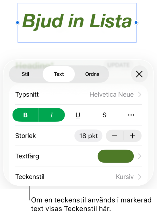 Reglagen för textformatering med Teckenstil under färgreglagen. Teckenstilen Ingen visas med en asterisk.