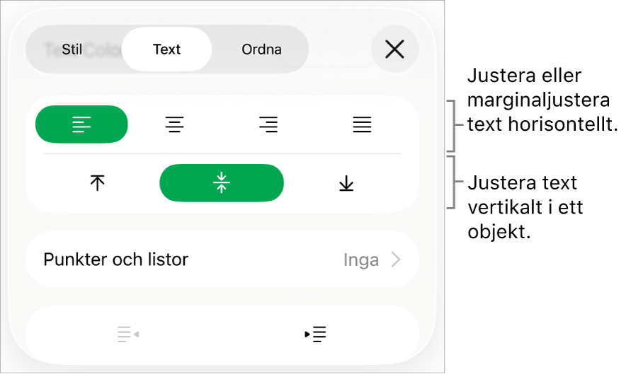Layoutavsnittet i formatgranskaren med pilar som pekar på knapparna för textjustering och mellanrum.