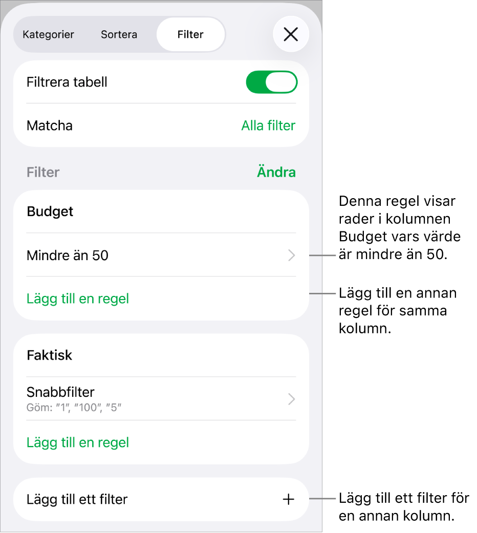 Reglage för att lägga till nya filtreringsregler eller redigera befintliga.