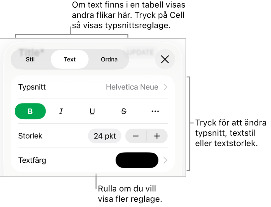 Textreglage i menyn Format för att ställa in stycke- och teckenstilar, typsnitt, storlek och färg.