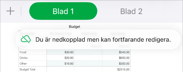 Knapparna överst på skärmen med knappen Samarbete ändrad till ett moln med ett diagonalt streck genom det. Ett meddelande på skärmen säger Du är nedkopplad men kan fortfarande redigera.