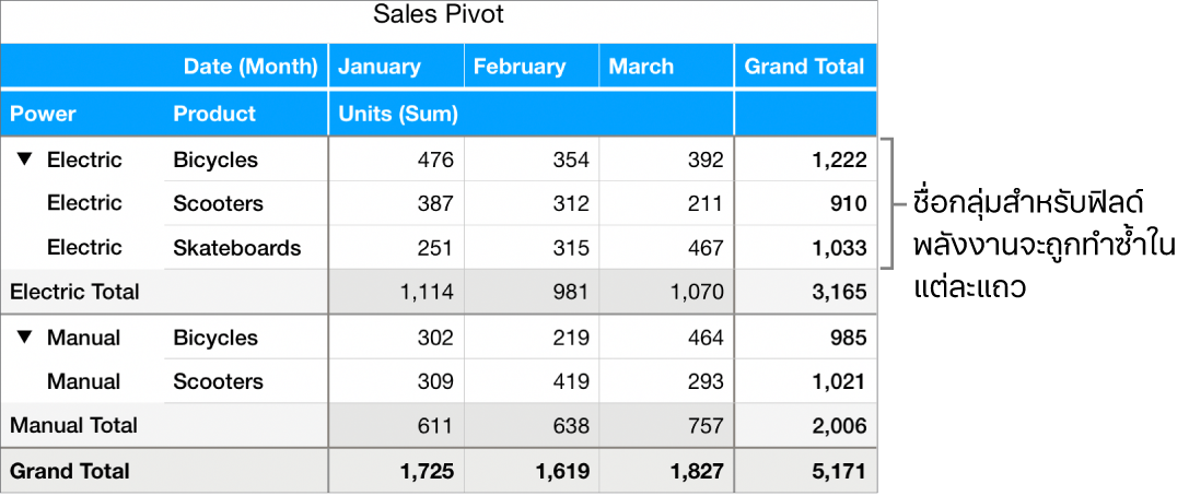 แผนภูมิแบบ Pivot ที่แสดงคำว่า ไฟฟ้าและธรรมดา ซึ่งเป็นชื่อกลุ่มสำหรับฟิลด์พลังงานที่ถูกทำซ้ำในแต่ละแถว