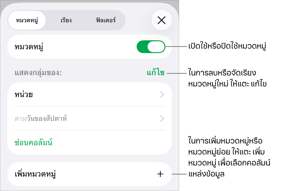 เมนูหมวดหมู่สำหรับ iPhone พร้อมตัวเลือกสำหรับปิดใช้หมวดหมู่ ลบหมวดหมู่ จัดกลุ่มข้อมูลอีกครั้ง ซ่อนคอลัมน์แหล่งข้อมูล และเพิ่มหมวดหมู่