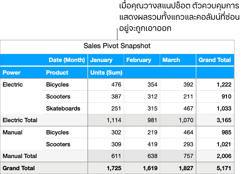 สแนปช็อตของตารางแบบ Pivot