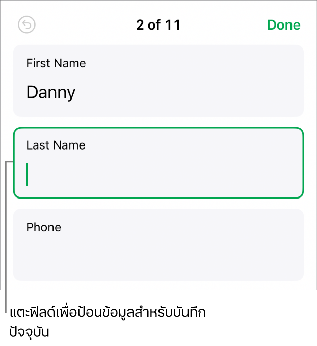 บันทึกในแบบฟอร์มที่แสดงฟิลด์ที่ใช้งานอยู่ซึ่งมีจุดแทรก
