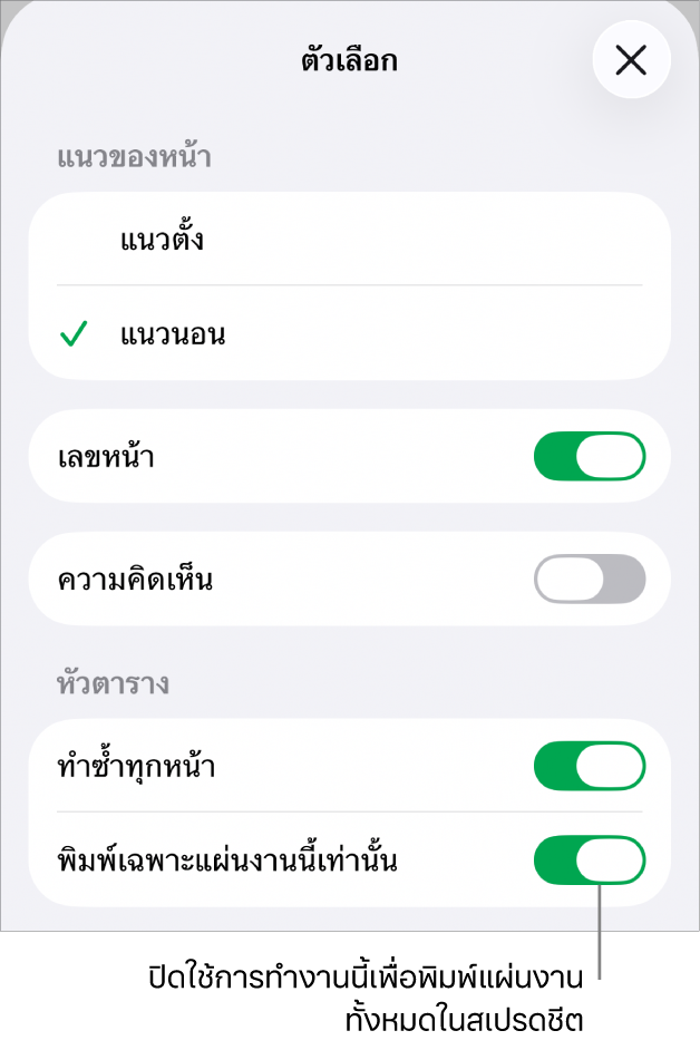ตัวเลือกการพิมพ์สำหรับเลือกแนวของหน้า แสดงเลขหน้าและหัวตาราง และเลือกขนาดกระดาษและหน้าที่จะพิมพ์
