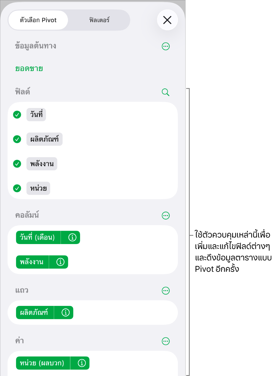 เมนูตัวเลือก Pivot ที่แสดงฟิลด์ในส่วนคอลัมน์ ส่วนแถว และส่วนค่า รวมถึงตัวควบคุมสำหรับแก้ไขฟิลด์