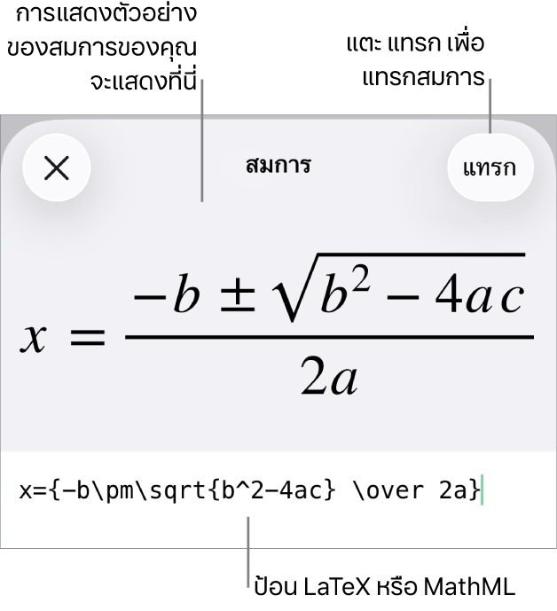หน้าต่างโต้ตอบสมการ ที่แสดงสมการที่เขียนโดยใช้คำสั่ง MathML และการแสดงตัวอย่างของสูตรด้านบน