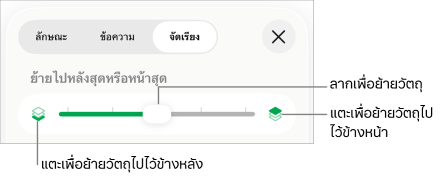ปุ่มย้ายถอยหลัง ปุ่มย้ายไปข้างหน้า และแถบเลื่อนเลเยอร์
