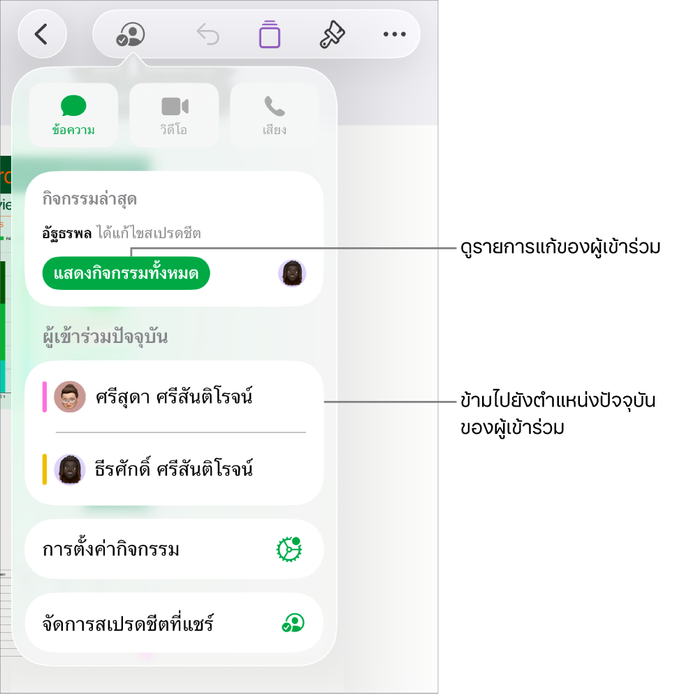 เมนูการใช้งานร่วมกันที่มีผู้เข้าร่วมปัจจุบันหลายคนแสดงอยู่ในรายการ