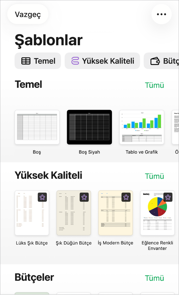 Üst taraf boyunca seçenekleri filtrelemek için dokunabileceğiniz kategori satırını gösteren şablon seçici. Alt tarafta, kategoriye göre satırlar halinde düzenlenen önceden tasarlanmış şablonların küçük resimleri yer alıyor.