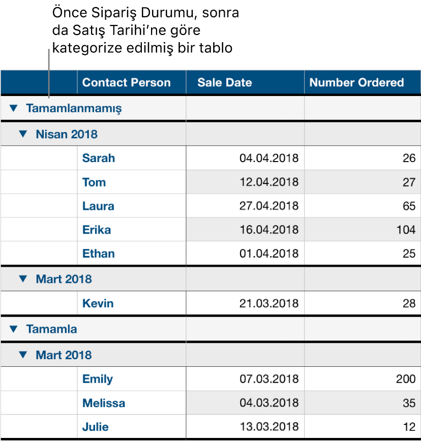 Satış tarihi alt kategori olmak üzere verilerin sipariş durumuna göre kategoriye ayrıldığı bir tablo.