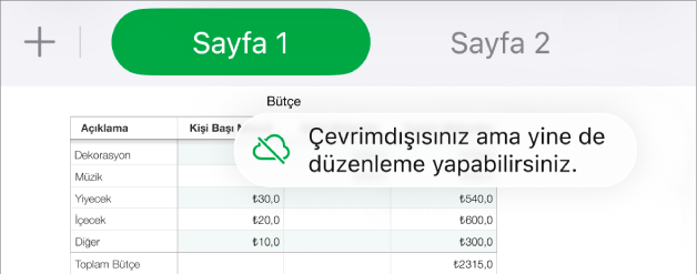 Ekranın en üstündeki düğmeler; Ortak Çalışma düğmesi, üzerinde çapraz bir çizgi olan bir buluta değişmiş. Ekrandaki bir uyarı “Çevrimdışısınız ama yine de düzenleyebilirsiniz” der.