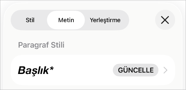 Yanında yıldız ve sağda Güncelle düğmesinin olduğu bir paragraf stili.