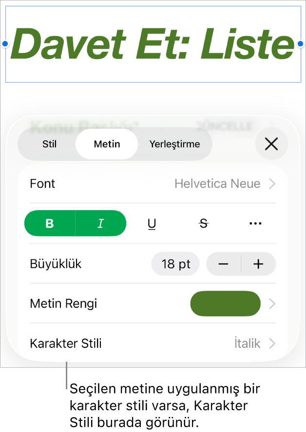 Renk denetimlerinin altında Karakter Stili ile Metin biçimleme denetimleri. Karakter stili olarak yanında yıldızla Yok görünüyor.