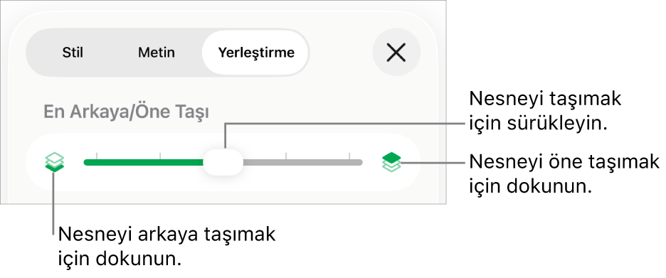 Geri Taşıma düğmesi, İleri Taşıma düğmesi ve katmanlama sürgüsü.