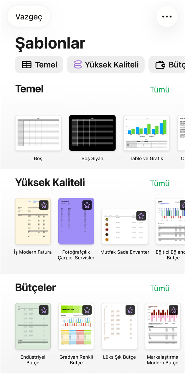 Üst taraf boyunca seçenekleri filtrelemek için dokunabileceğiniz kategori satırını gösteren şablon seçici. Altta, kategoriye göre satırlar halinde düzenlenmiş önceden tasarlanmış şablonların küçük resimleri yer alır; en üstte Temel ile başlar, ardından Kişisel Finans, Kişisel ve İşletme gelir. Yukarıda ve her bir kategori satırının üstünde Tümünü Gör düğmesi görünür. Vazgeç düğmesi sol üst köşededir.