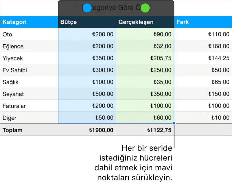 Seri seçim tutamaklarını gösteren tablo hücreleri.