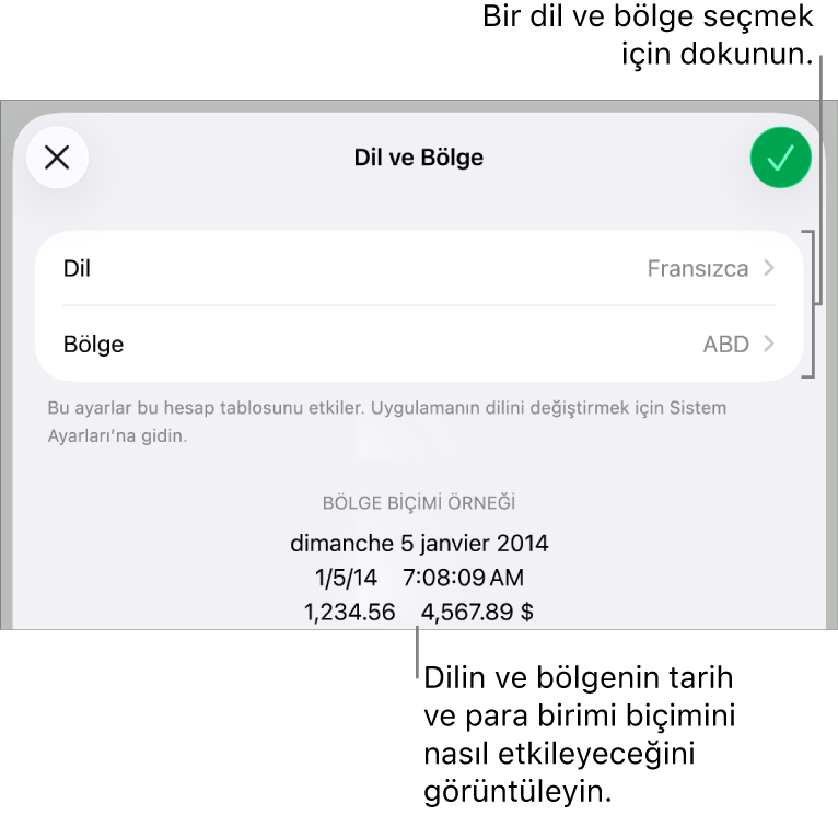 Dil ve bölge denetimleri ve tarih, saat, ondalık ve para birimi de dahil olmak üzere bir biçim örneği ile Dil ve Bölge bölümü.
