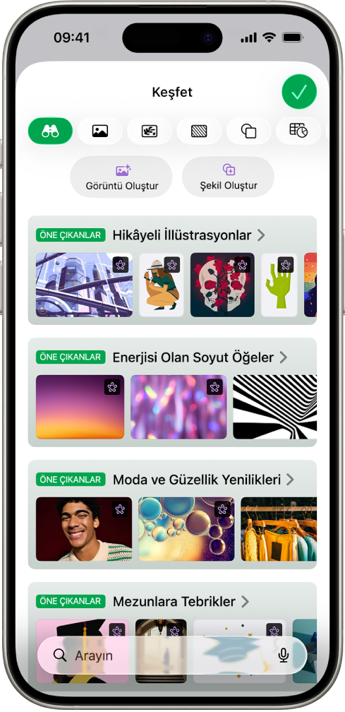 Görüntü oluşturma veya hesap tablosuna özel görüntüler ekleme seçeneklerini gösteren İçerik Merkezi’nin Keşfet kategorisi.